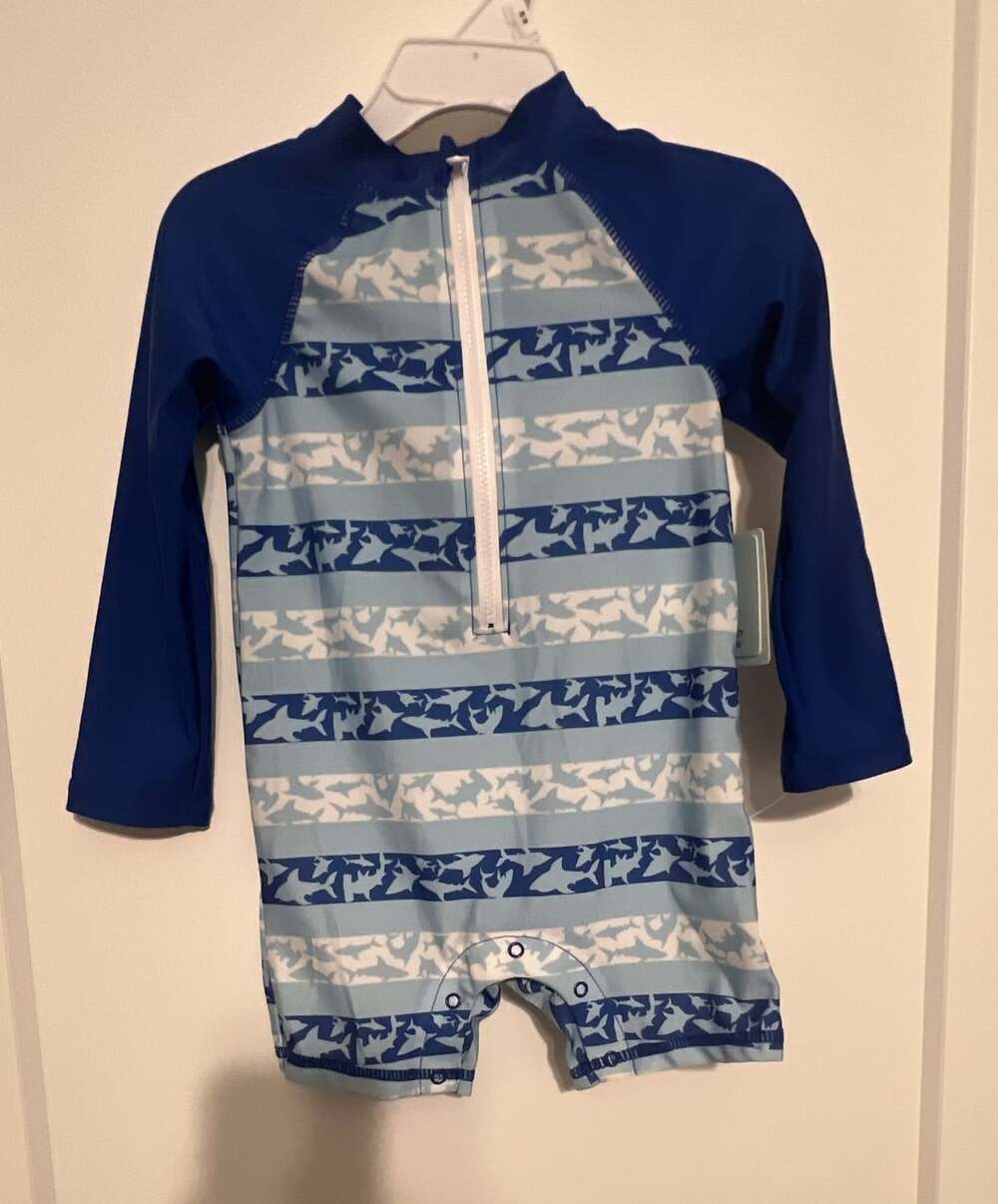 Little Lad Shark Rash Guard Swimsuit Size 24M Blue White